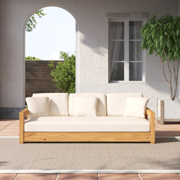 Joss & Main Montford 76.8'' Wide Outdoor Teak Patio Sofa with Cushions
